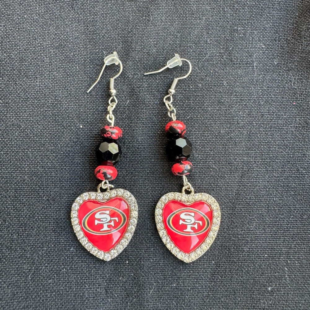Handmade NFL SF 49ers Heart-Shaped Red and Black Earrings